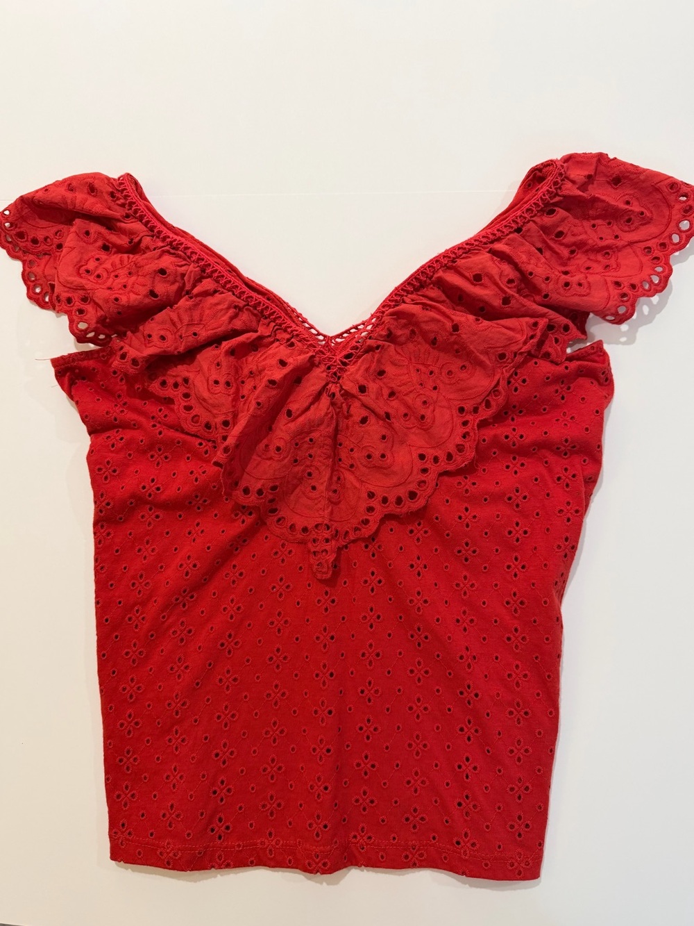 LOFT Red Eyelet Ruffle V-Neck Romantic Top Size S